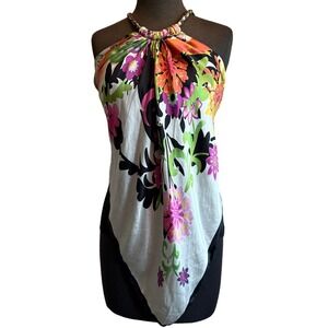 Cache 100% Silk Floral Halter Top Gold Chain Neck Handkerchief Hem XS Black